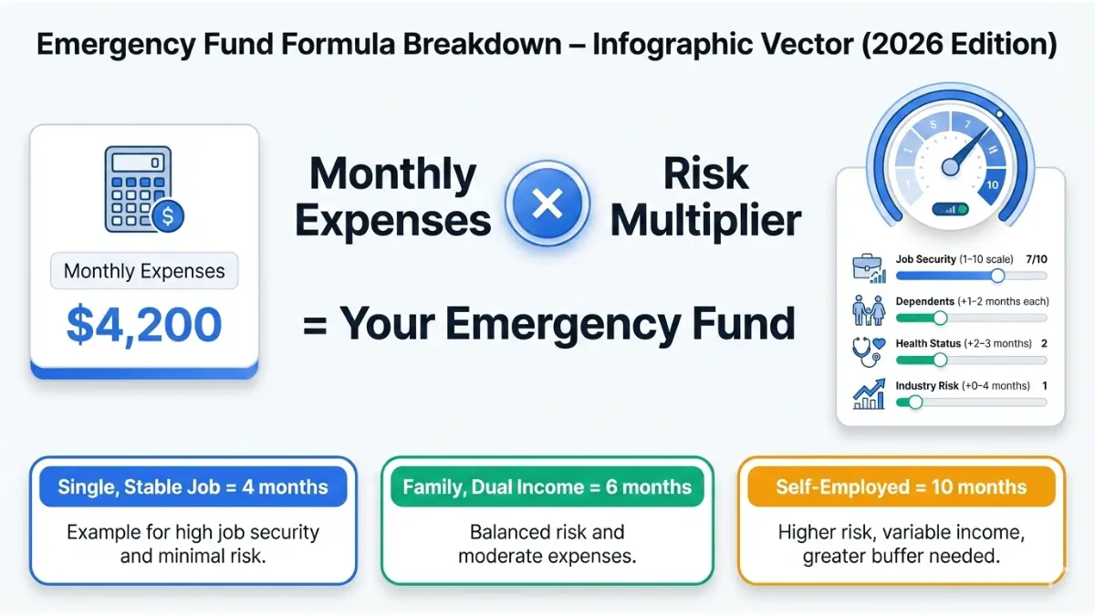 Emergency Fund formula infographic showing monthly expenses multiplied by risk factors