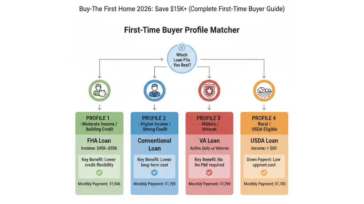 First Home buyer profile matcher showing which loan type fits income, credit score, and eligibility