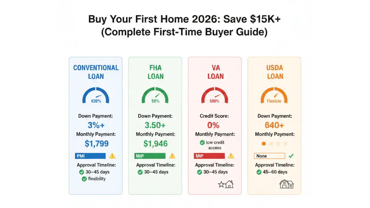 First Home loan types comparison showing FHA, Conventional, VA, and USDA mortgages in 2026