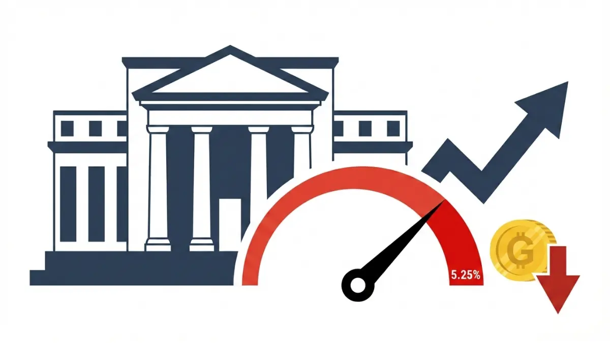 gold crash caused by high Federal Reserve interest rates shown with rate hike gauge and falling gold price signal