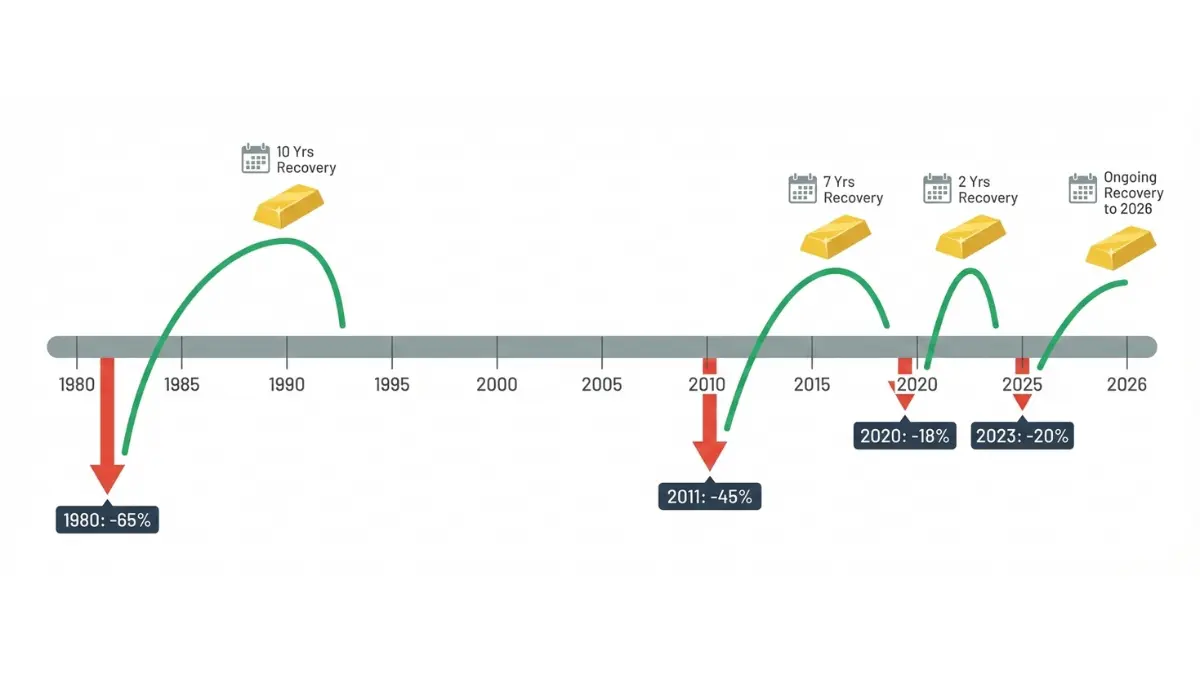gold crash historical timeline showing major price declines and recovery cycles from 1980 to 2026