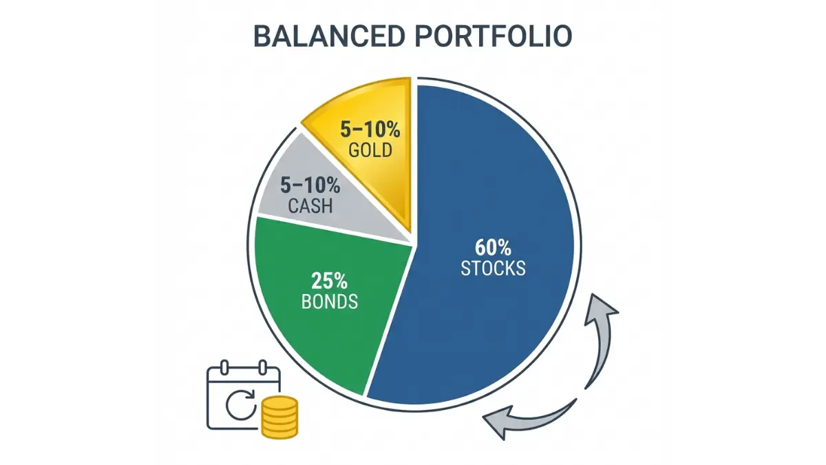 gold crash protection strategy showing diversified investment portfolio with 5 to 10 percent gold allocation