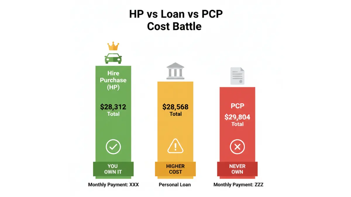 Hire Purchase vs loan vs PCP cost comparison showing total cost and ownership difference