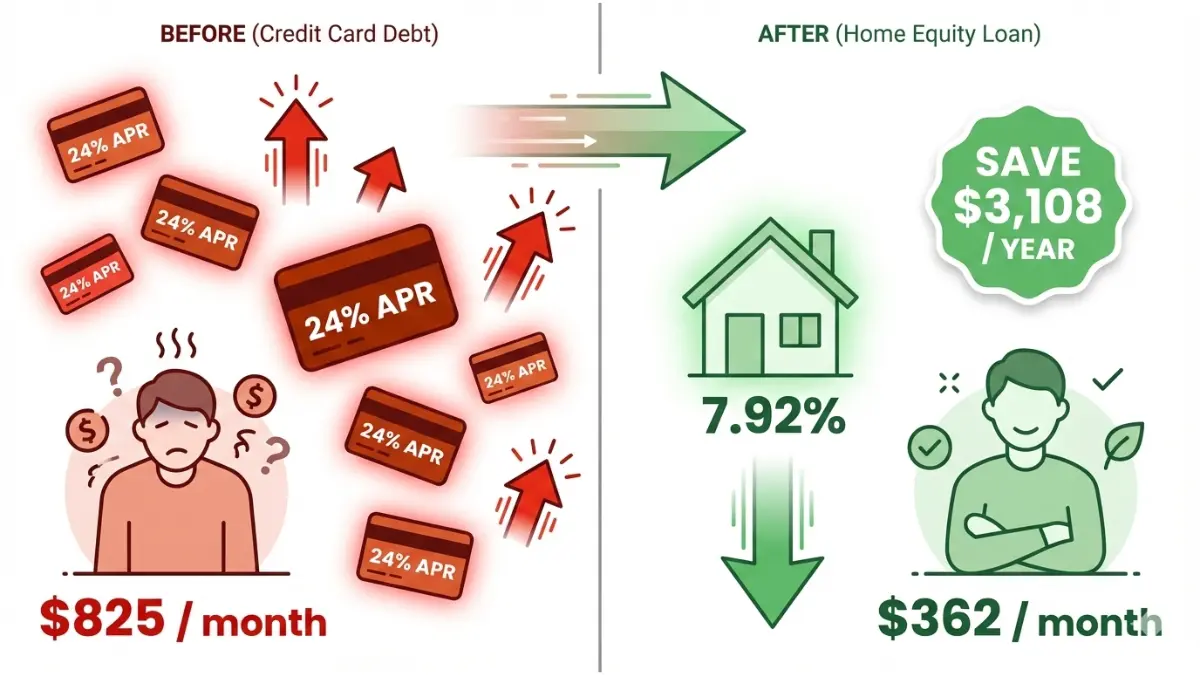 Home Equity debt consolidation comparison showing credit card debt at 24% APR versus home equity loan at 7.92% with annual savings