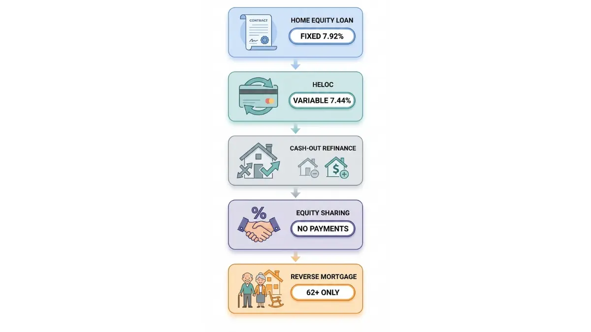 Home Equity access methods comparison including home equity loan, HELOC, cash-out refinance, equity sharing, and reverse mortgage