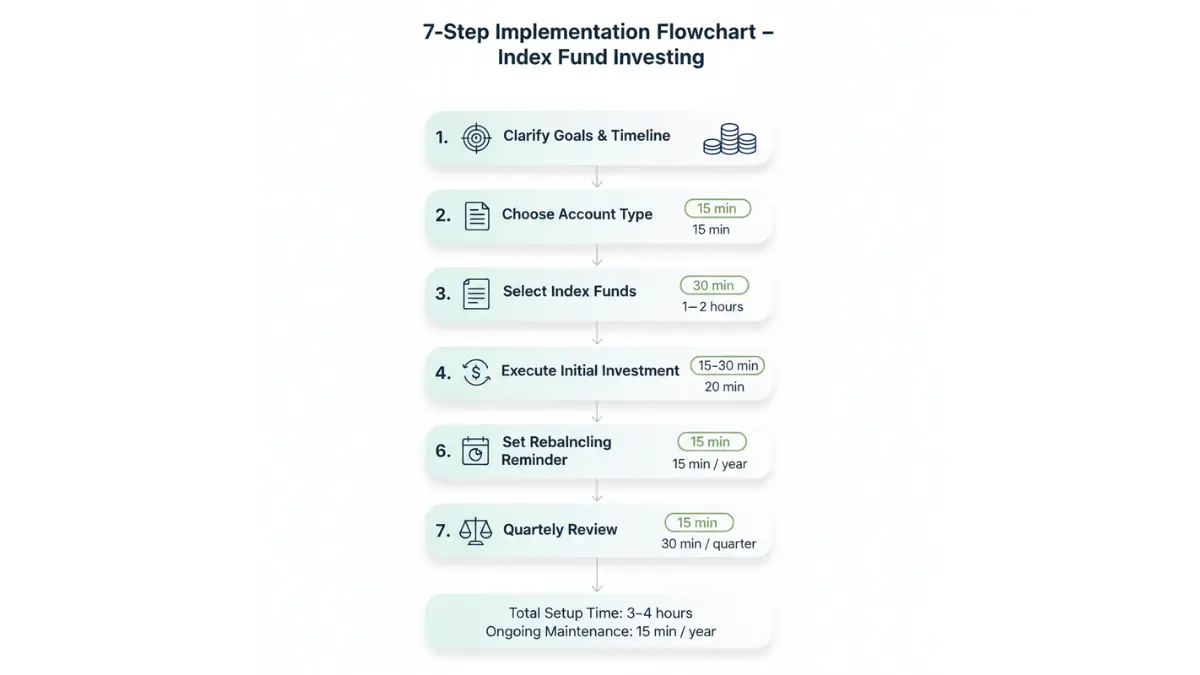 Index Fund implementation flowchart outlining seven steps to build and maintain an Index Fund portfolio efficiently
