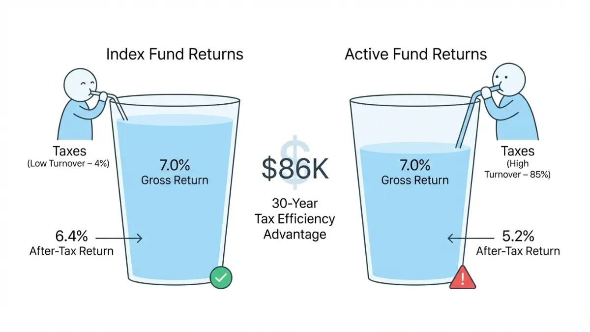 Index Fund tax efficiency comparison showing Index Fund preserving more returns through lower turnover compared to active mutual funds