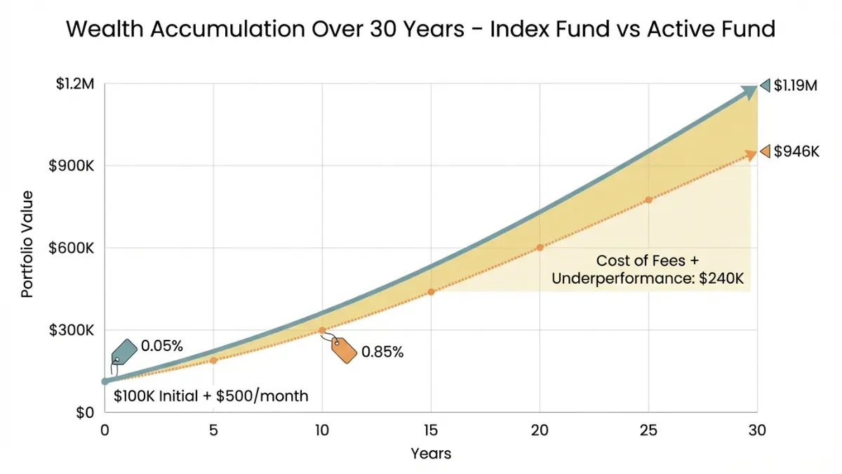 Index Fund 30-year wealth growth chart comparing Index Fund portfolio reaching $1.19 million versus active fund ending at $946,000