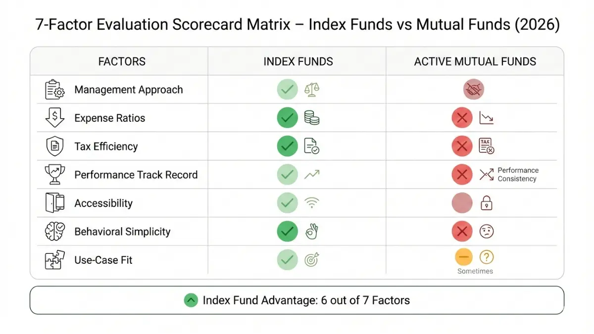 Index Fund comparison scorecard showing seven factors where Index Fund options outperform active mutual funds in cost, tax efficiency, and simplicity