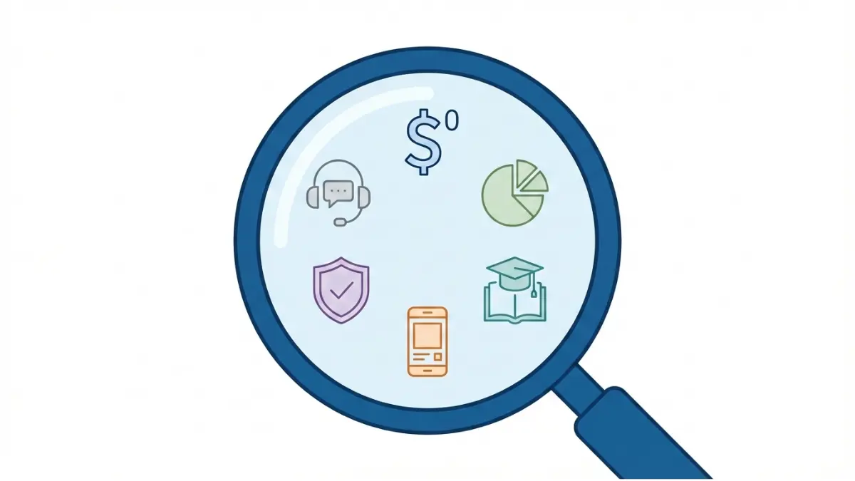 Magnifying glass illustration highlighting six key evaluation factors of an investment app including fees, security, usability, education, and support