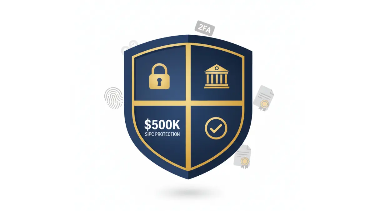 Shield illustration representing investment app security features including encryption, SIPC insurance, regulatory compliance, and two-factor authentication