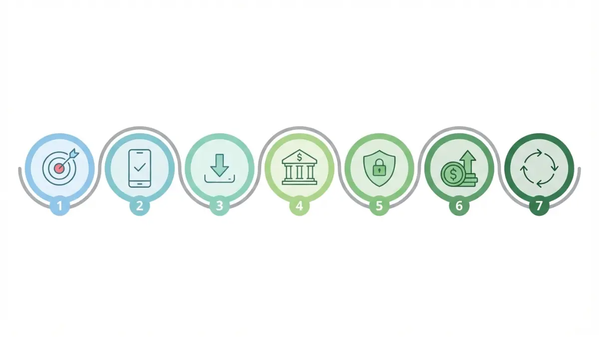 Seven-step roadmap illustrating the investment app setup process from goal setting to automated recurring investments