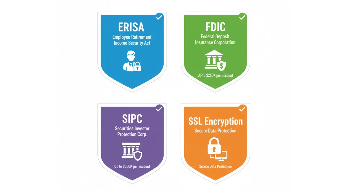 IRA security badges showing ERISA protection, FDIC insurance up to $250K, SIPC coverage up to $500K, and SSL encryption for retirement accounts