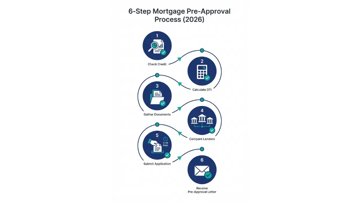 Mortgage Pre-Approval 6-step process roadmap showing credit check DTI documents lenders application