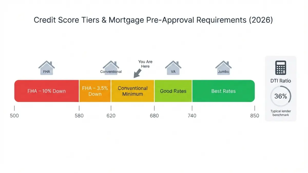 Mortgage Pre-Approval credit score requirements by loan type FHA conventional VA jumbo 2026
