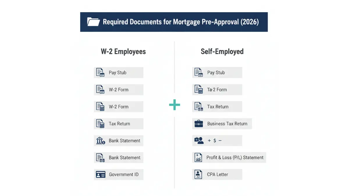 Mortgage Pre-Approval document checklist for W-2 employees and self-employed borrowers 2026