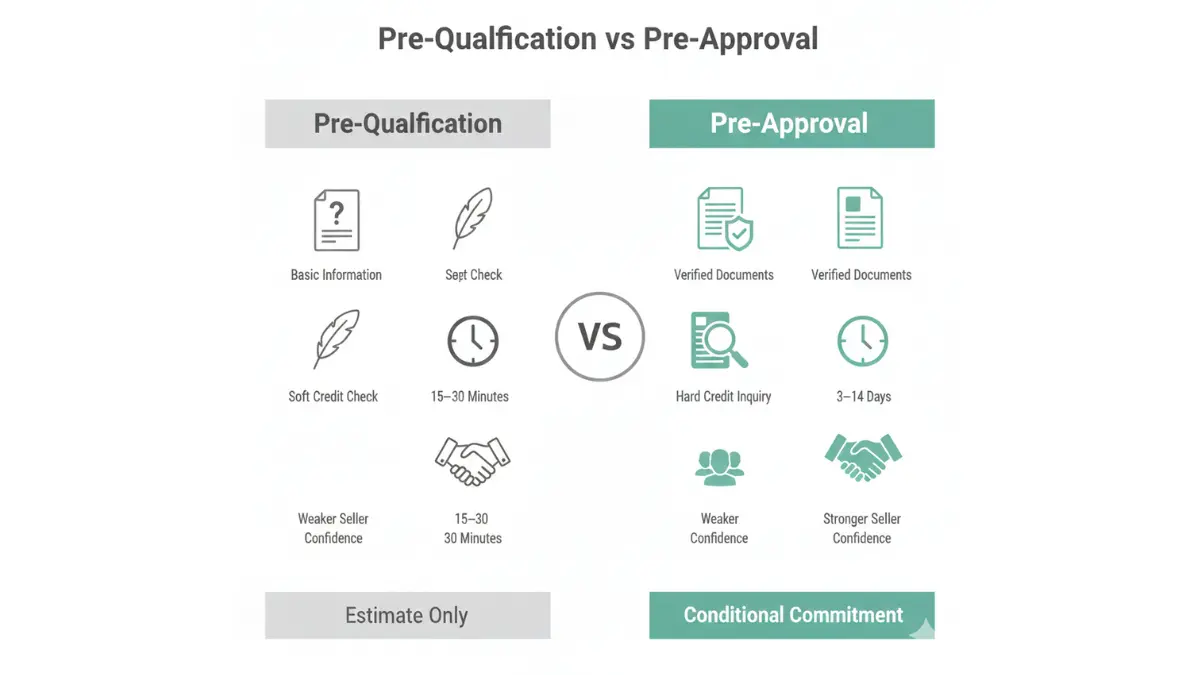 Mortgage Pre-Approval vs pre-qualification comparison showing credit check commitment and timeline
