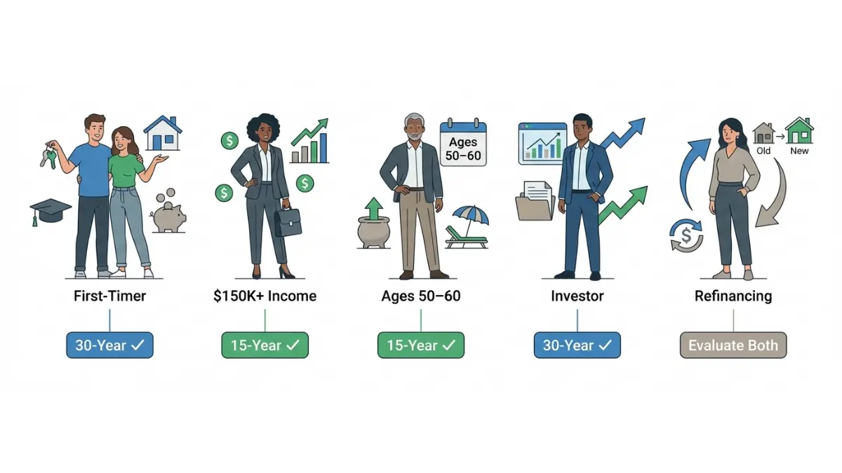 Five buyer profiles showing recommended mortgage terms for first-time buyers, high-income earners, pre-retirees, investors, and refinancers