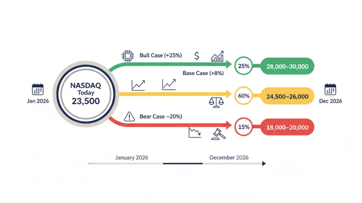 NASDAQ 2026 bull base and bear case roadmap with probability weighted outcomes