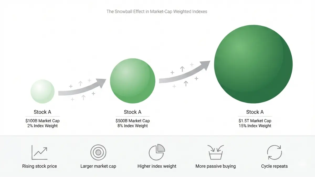 NASDAQ snowball effect showing how rising market capitalization increases index weight and concentration risk
