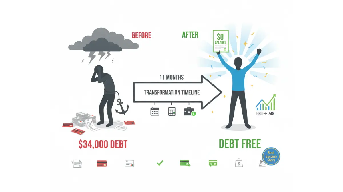 Pay Off Debt before and after illustration showing transformation from debt stress to debt freedom