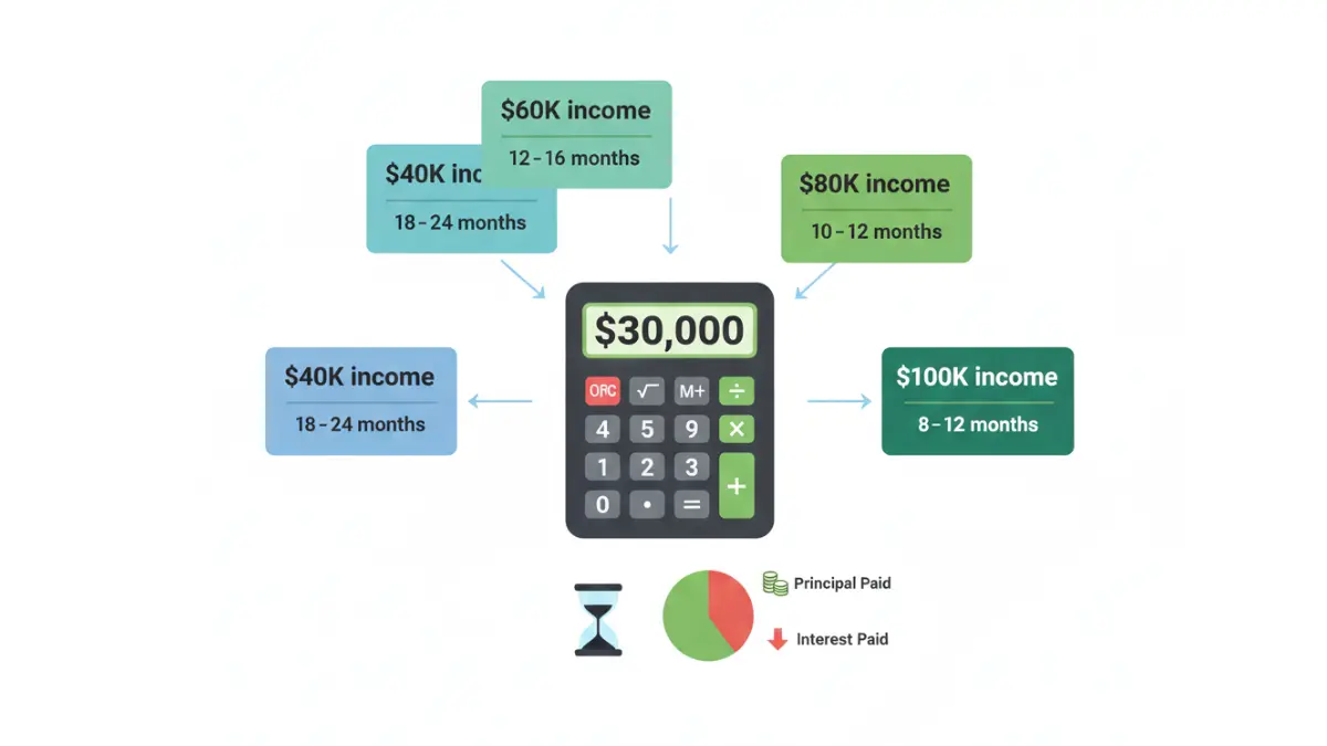 Pay Off Debt calculator dashboard showing income-based timelines to eliminate debt faster