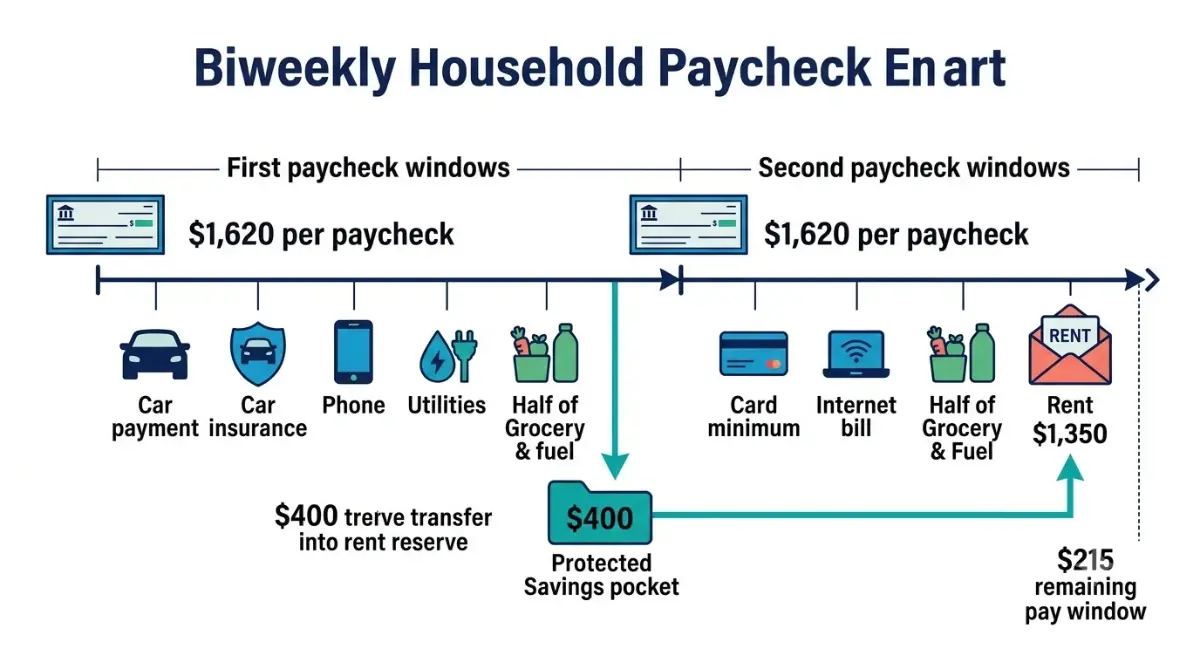 Paycheck budget illustration showing two biweekly pay windows, household bills, a $400 rent reserve transfer, and the remaining cash.