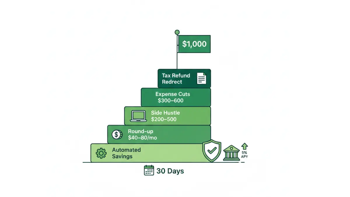 Paycheck emergency fund stacking illustration showing how small actions build a 1000 dollar fund