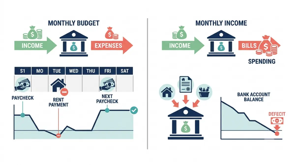 Paycheck budgeting illustration comparing a temporary cash-flow timing gap with a monthly spending deficit.