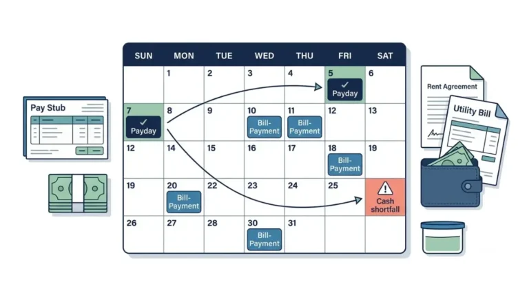 Paycheck timing illustration showing a monthly calendar, rent bills, low cash before payday, and an emergency savings buffer.