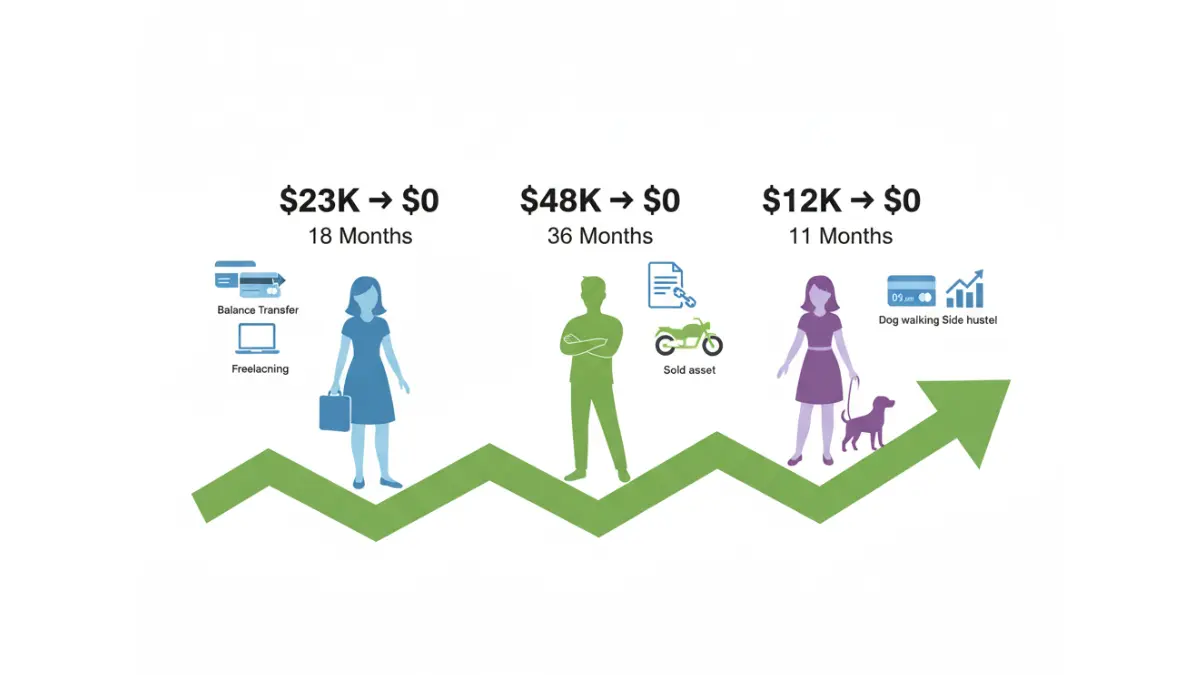 Real people examples showing how different strategies eliminated debt