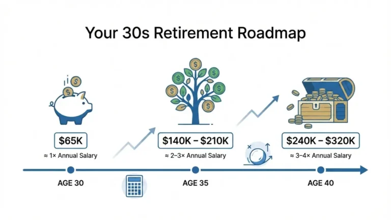 Retirement Planning timeline infographic showing savings benchmarks at ages 30, 35, and 40