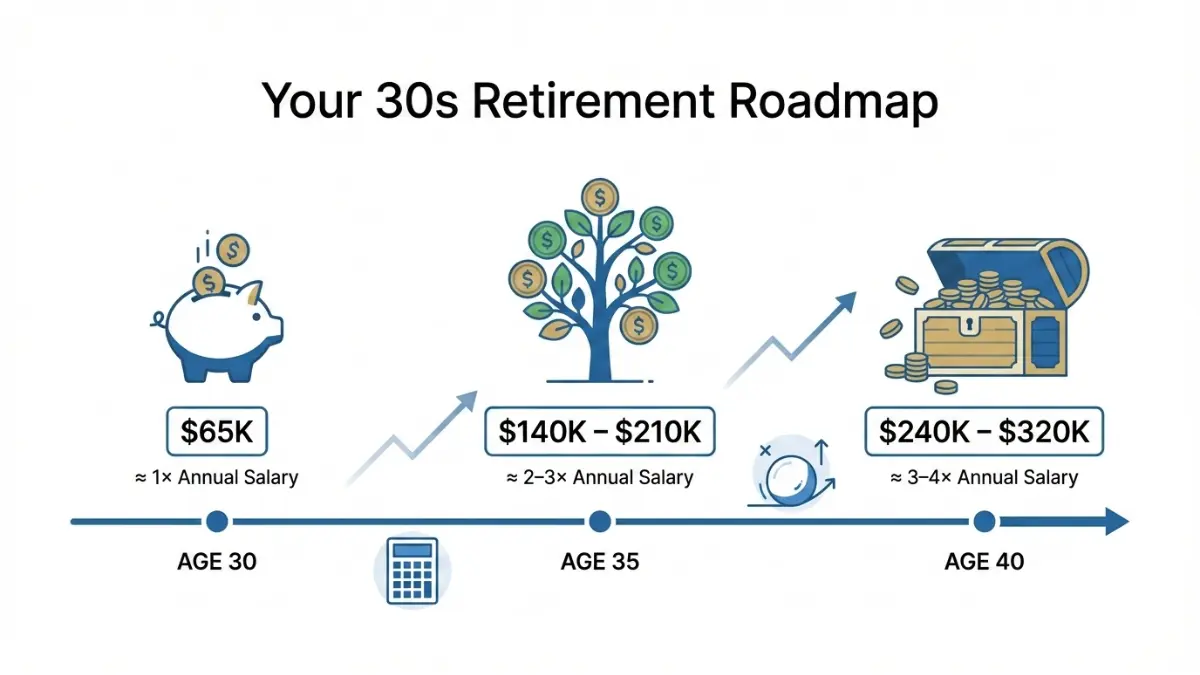 Retirement Planning timeline infographic showing savings benchmarks at ages 30, 35, and 40