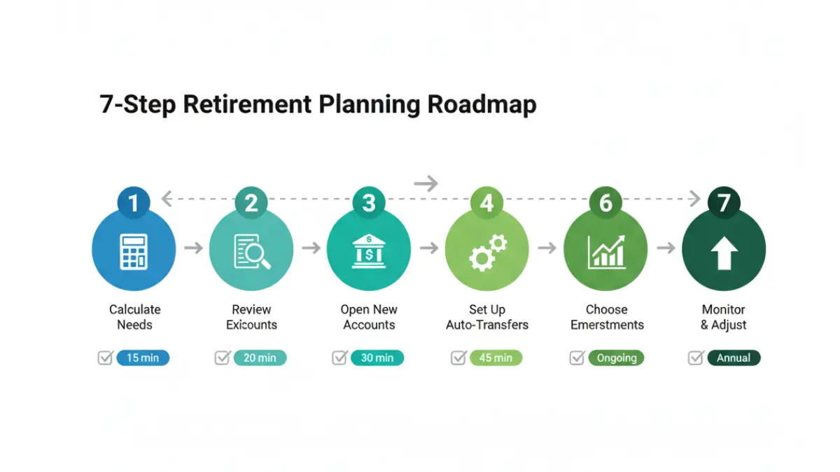 Retirement Planning 7-step implementation roadmap with time-based action steps