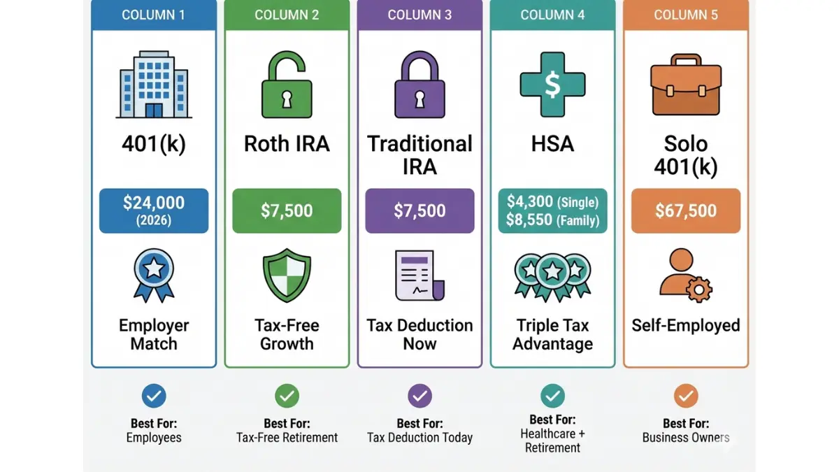 Retirement Planning account comparison of 401k, Roth IRA, Traditional IRA, HSA, and Solo 401k