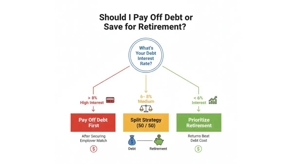 Retirement Planning decision flowchart comparing debt payoff versus saving based on interest rates
