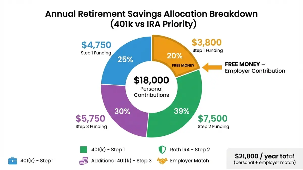 IRA-focused pie chart showing $18,000 annual retirement savings allocation across 401(k), Roth IRA, additional 401(k), and employer match with clear percentage breakdown