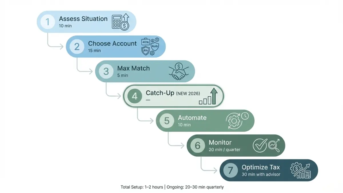 Retirement Savings step by step implementation journey showing setup time and milestones