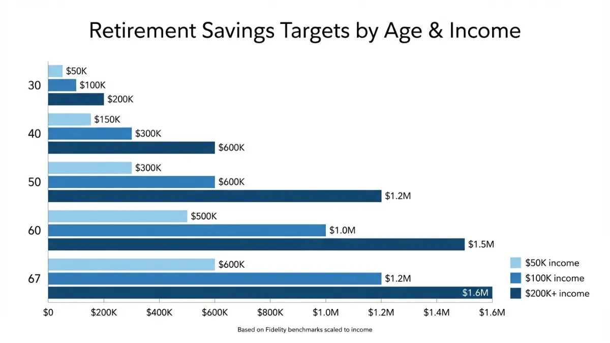 Retirement Savings targets by age and income level displayed in a comparative bar chart