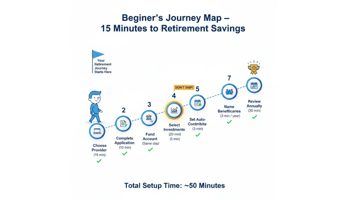Roth IRA beginner setup journey showing step-by-step timeline from choosing a provider to annual review in under 50 minutes