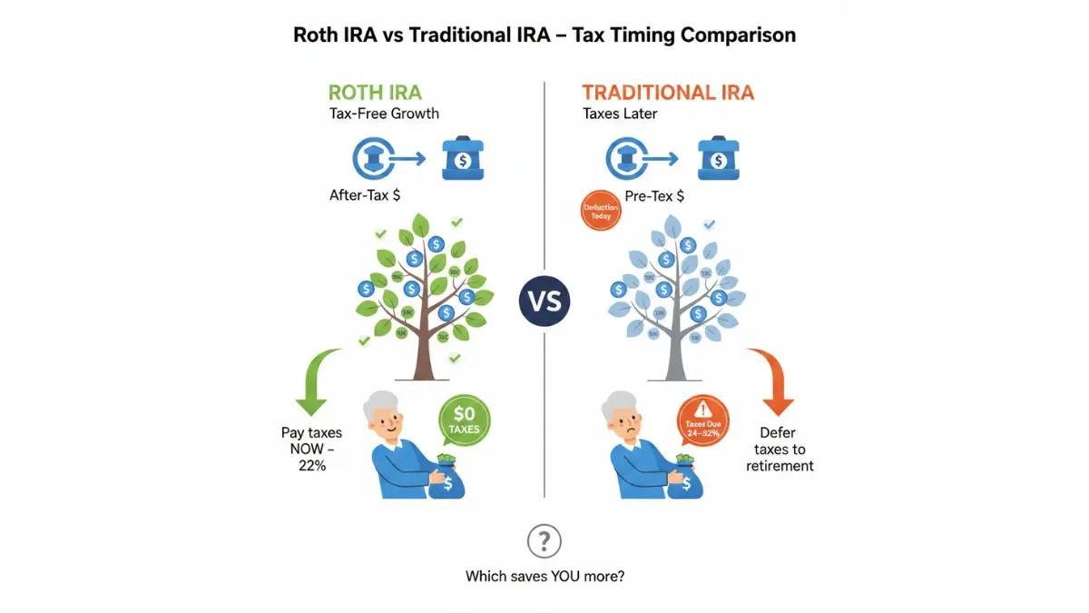 Roth IRA vs Traditional IRA tax comparison showing after-tax Roth IRA withdrawals tax-free versus traditional IRA taxed in retirement