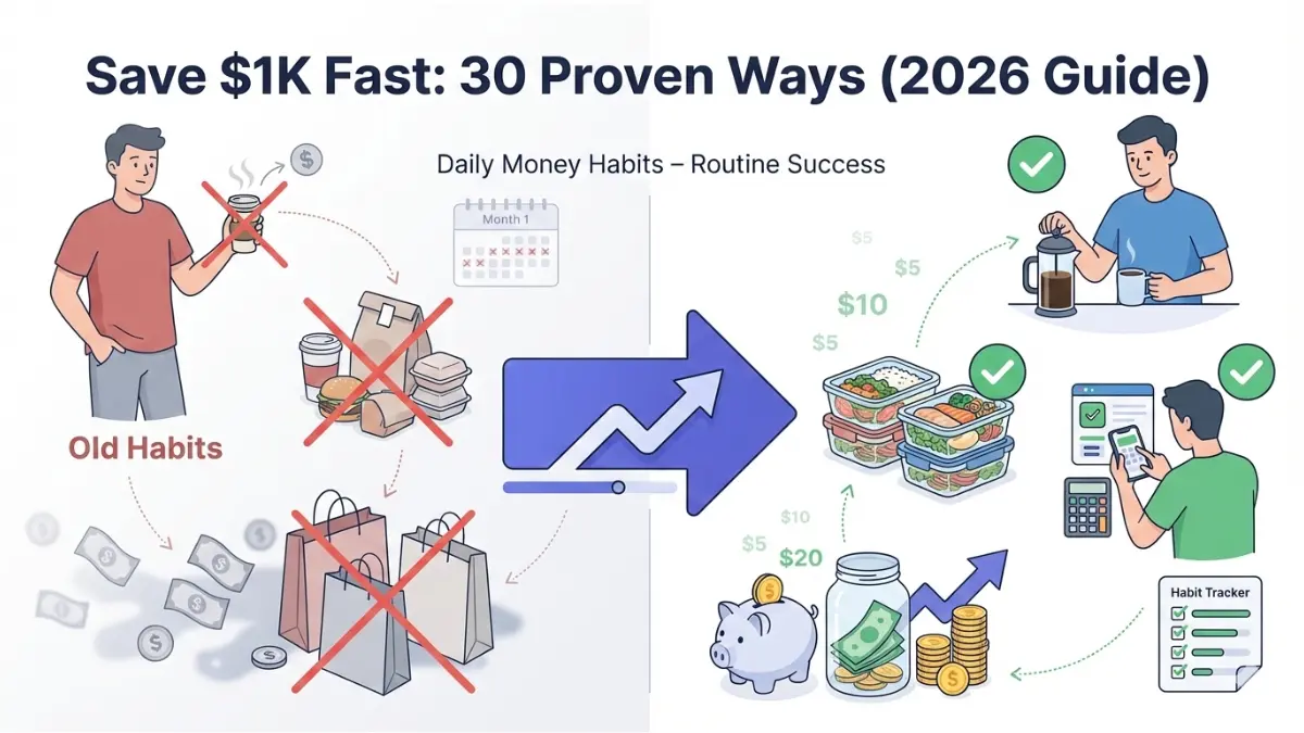 Save $1K Fast comparison of old spending habits versus new money saving habits