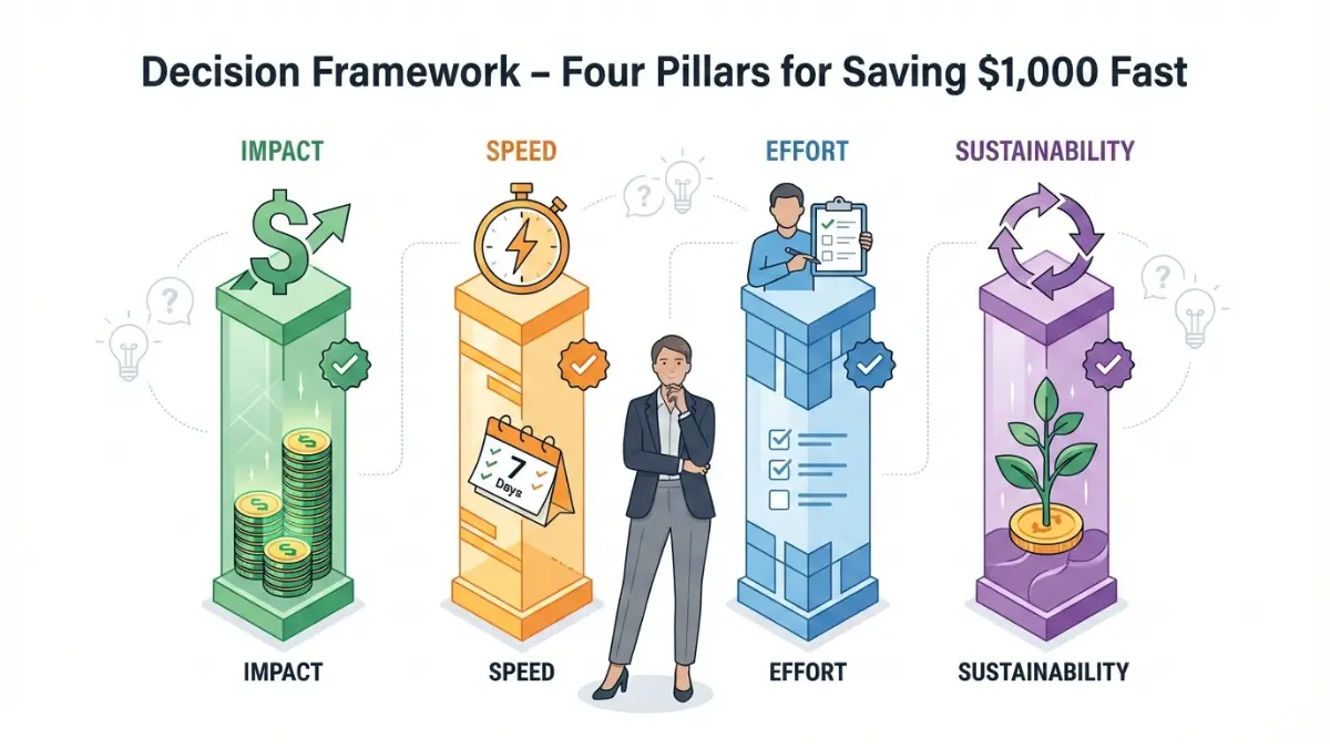 Save $1K Fast decision framework showing four pillars impact speed effort and sustainability