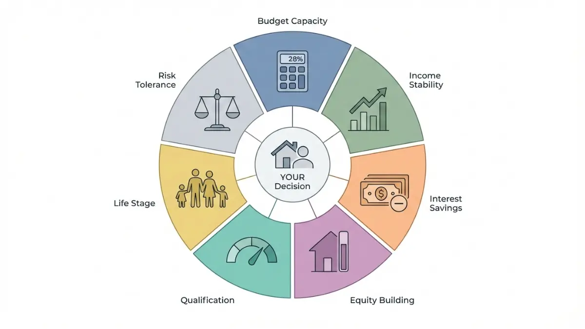 Seven-point mortgage decision framework showing budget capacity, income stability, interest savings, equity building, qualification, life stage, and risk tolerance