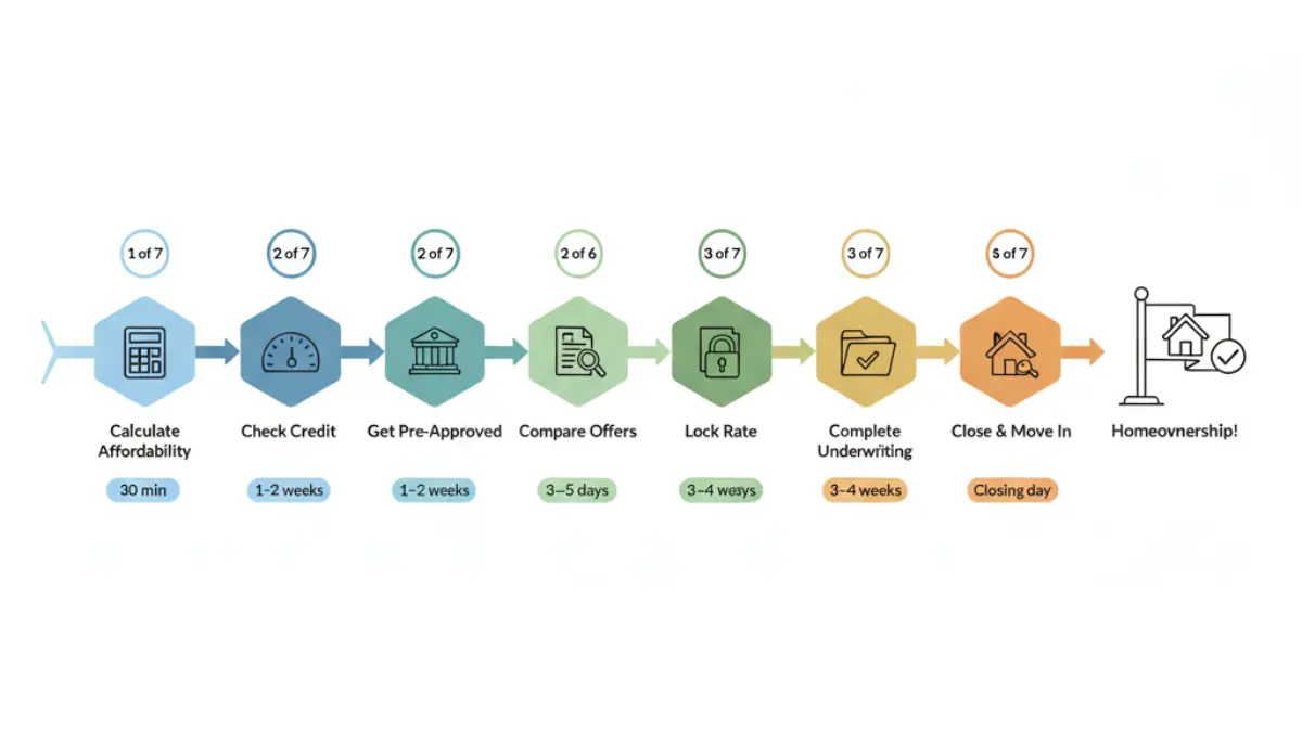 Seven-step mortgage implementation timeline from affordability calculation to closing with estimated time for each step