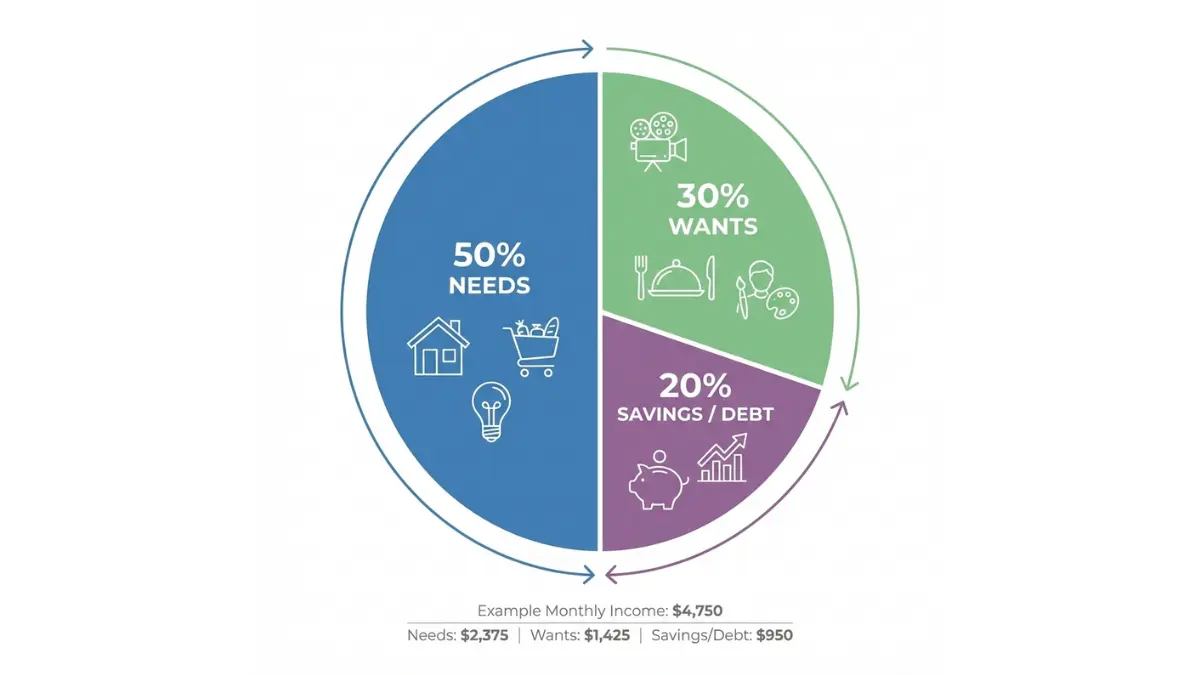simple budget 50 30 20 rule pie chart showing needs wants and savings breakdown