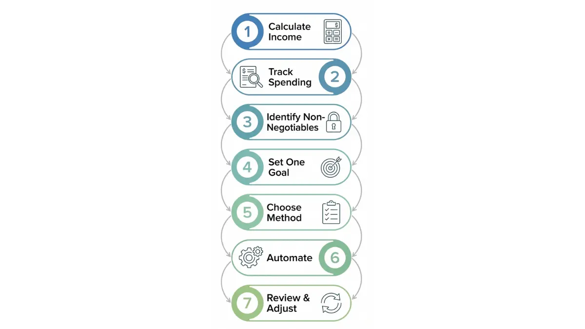 simple budget step by step process diagram showing income tracking goals automation and review