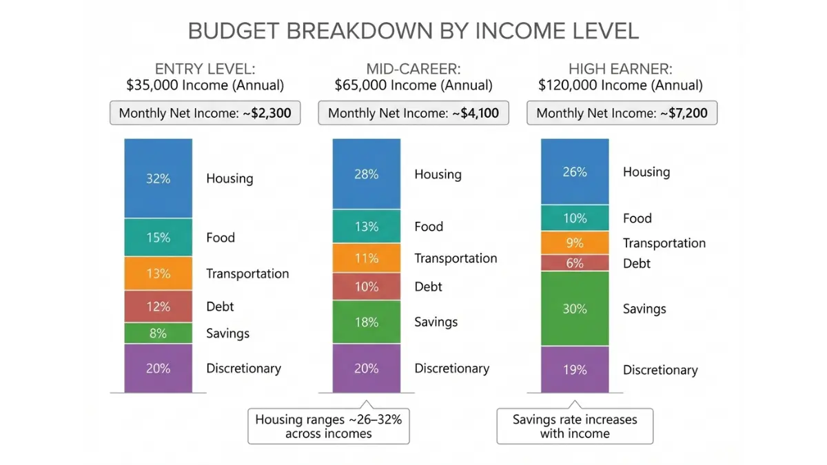 simple budget comparison chart showing monthly spending breakdown for different income levels