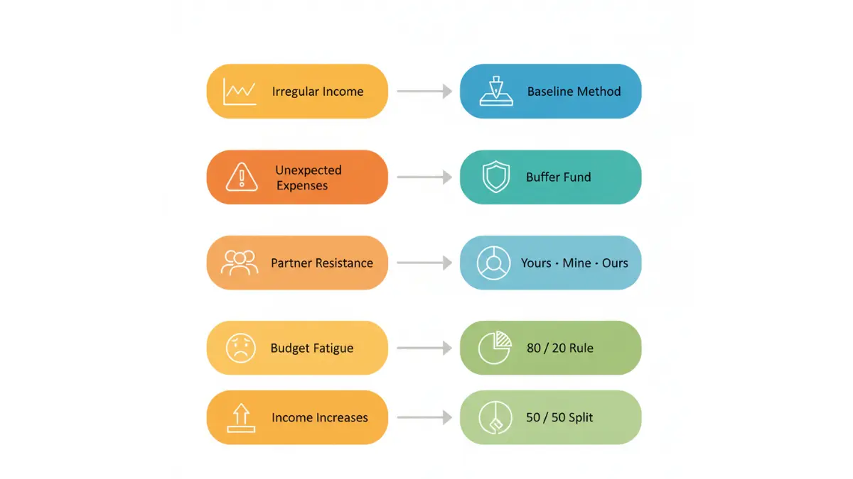 simple budget problems and solutions infographic showing common budgeting challenges and fixes