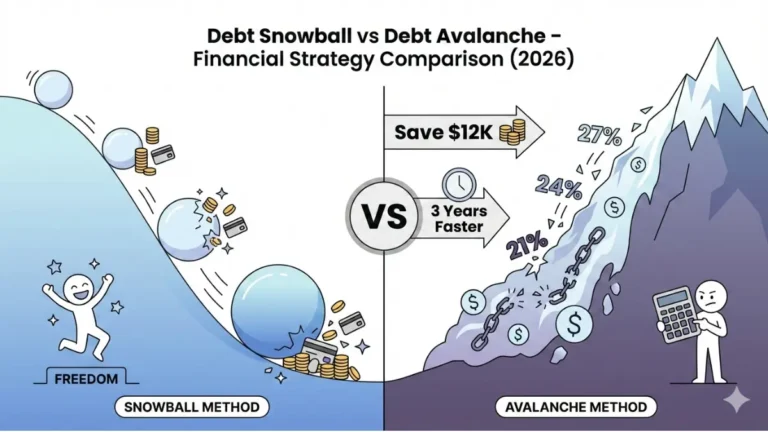 Snowball vs Avalanche comparison illustration showing snowball momentum method versus avalanche interest-saving strategy for debt payoff in 2026